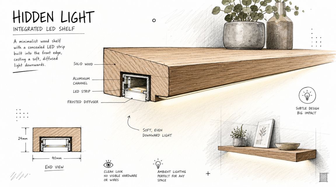 En illustration af en minimalistisk træhylde med integreret LED-belysning monteret i forkanten for blødt lys.