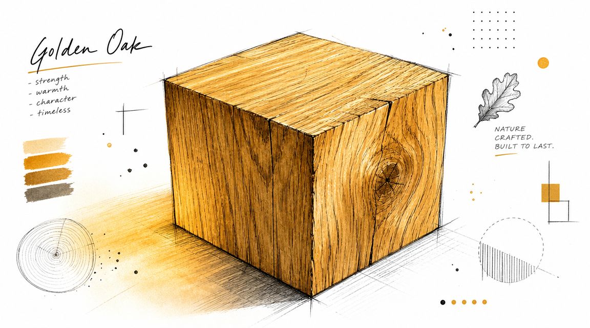 En detaljeret illustration af en gylden egetræsblok, der fremhæver træets tekstur og naturlige karaktertræk.