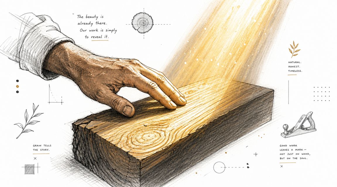 En kunstnerisk illustration af en hånd, der rører ved et stykke træ, med filosofiske citater om håndværk.