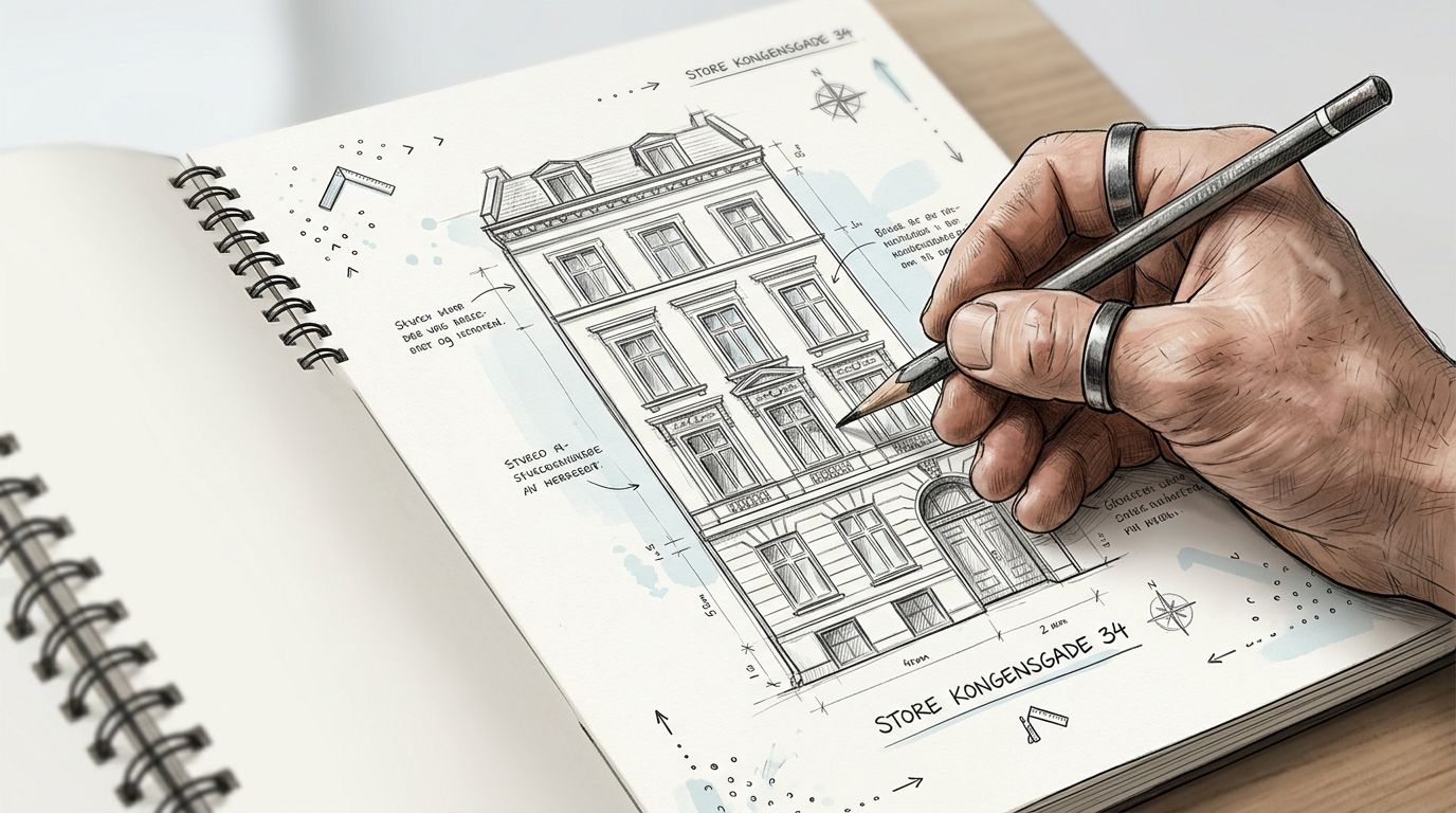 Arkitekttegning af en klassisk bygning med detaljeret planlægning.