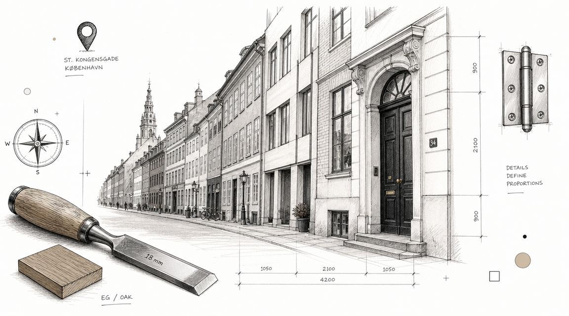 Detaljeret tegning af en klassisk bygning med fokus på trædetaljer og arkitektoniske elementer.