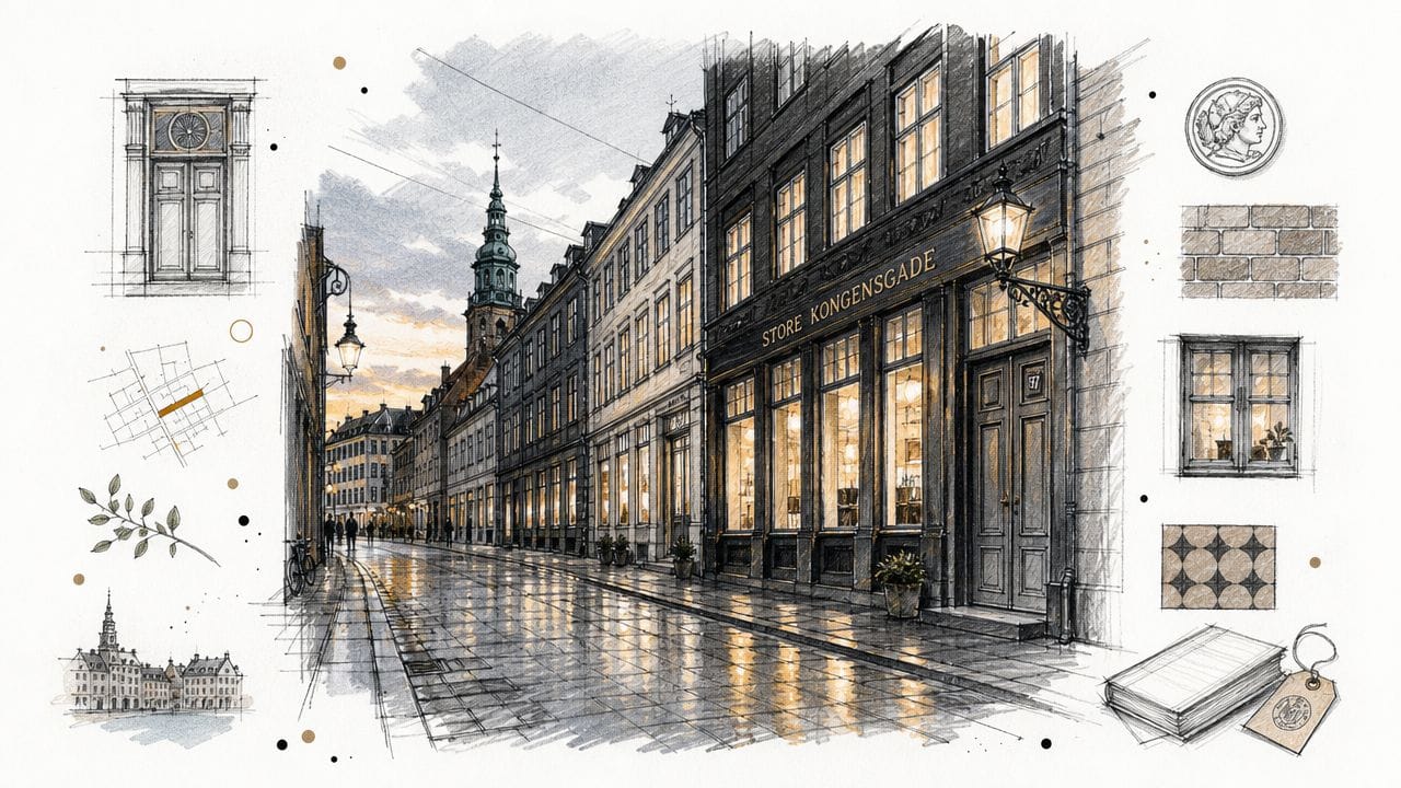 Billedet viser en historisk gade i København med en charmerende butik, Signatur Snedkeri, i fokus.