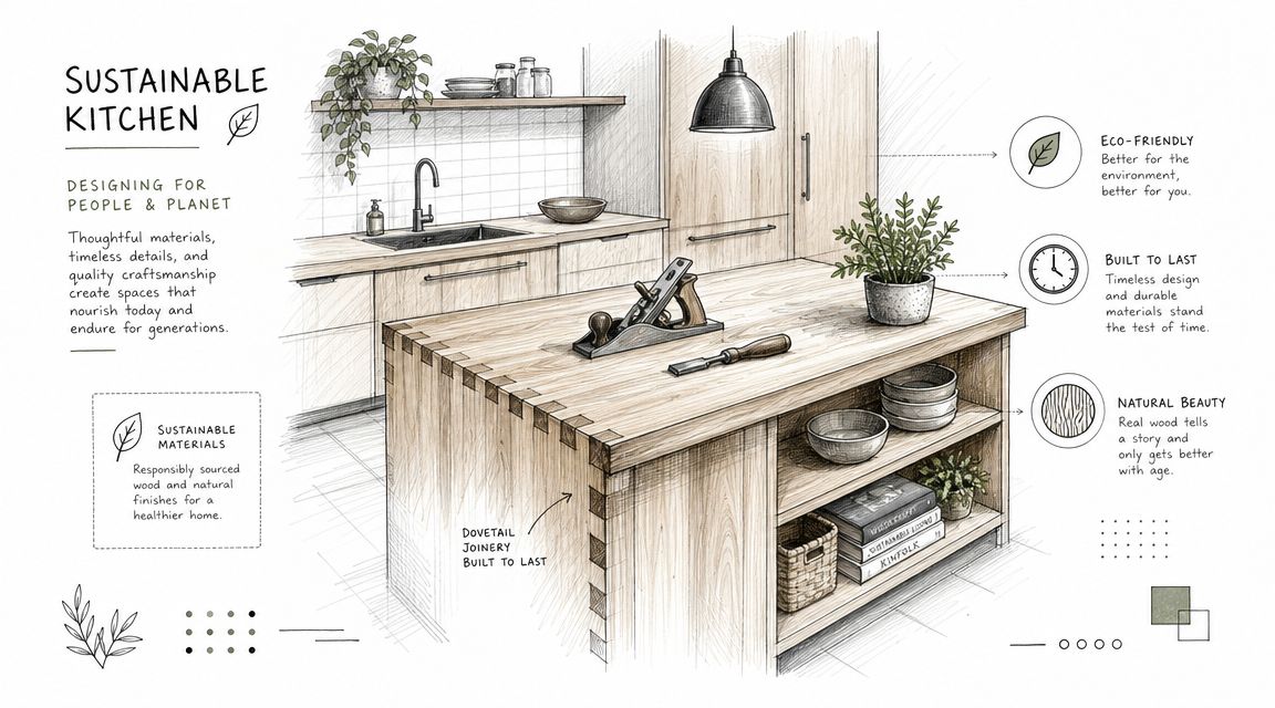 Bæredygtigt køkken med træøer, moderne design og naturlige materialer. Perfekt til miljøbevidste hje.