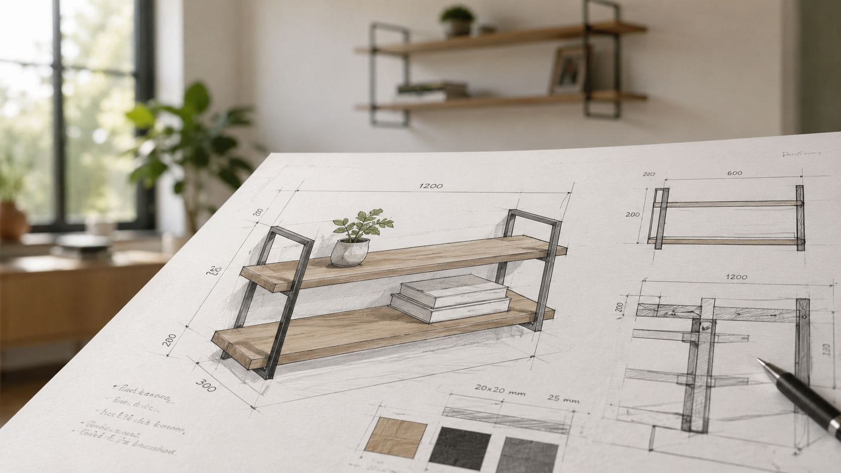 En detaljeret arkitektonisk skitse af en væghængt reol med målangivelser placeret på et arbejdsbord.