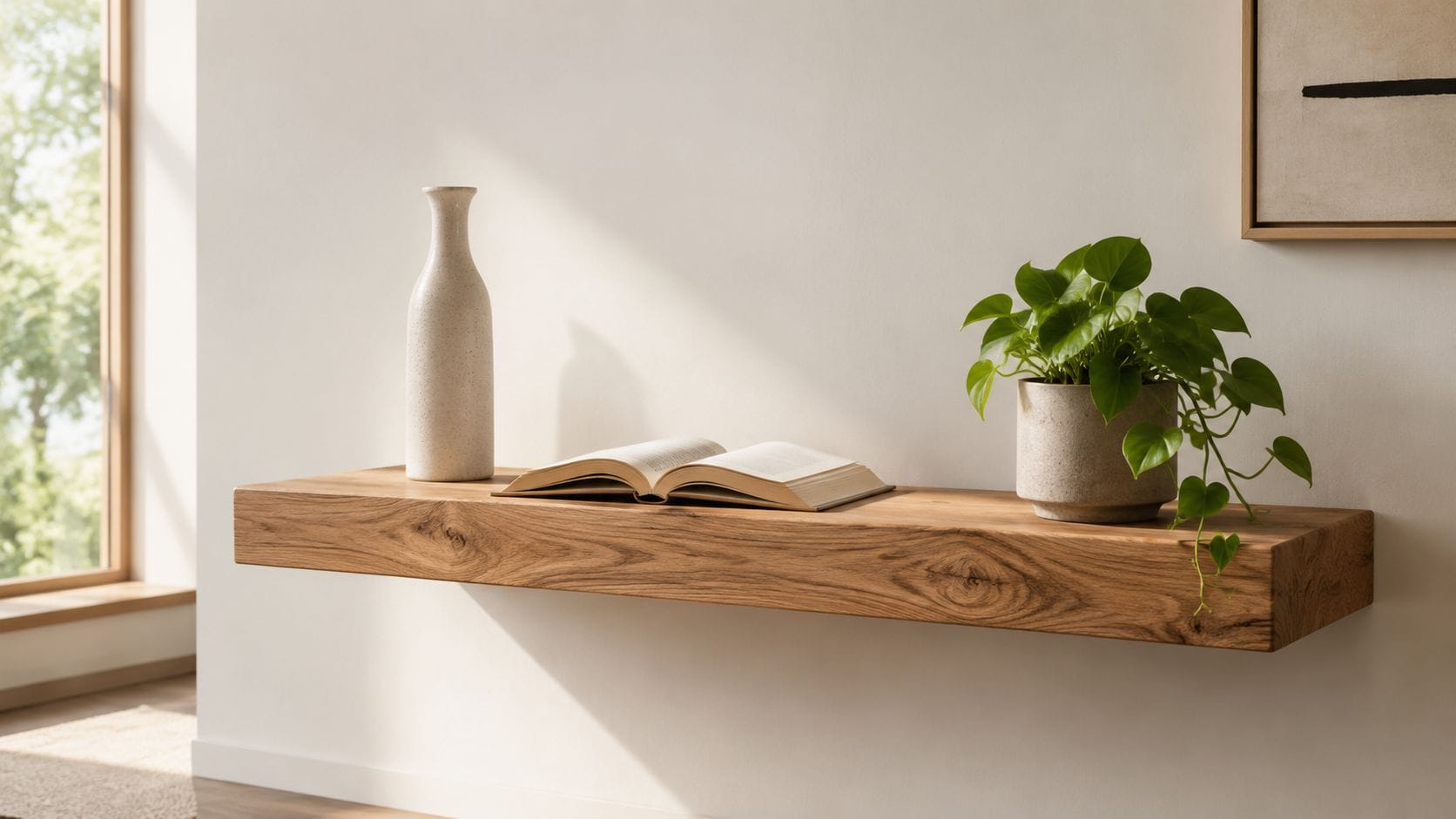 Vægmonteret træhylde med vase, bog og plante i naturligt lys.