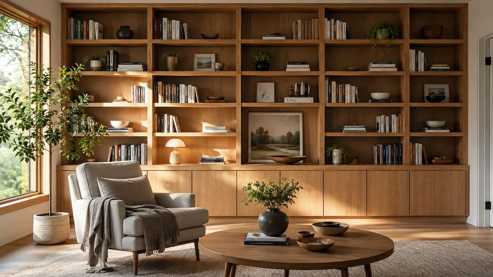 Elegant bogreol i træ med moderne design til hjemmet.