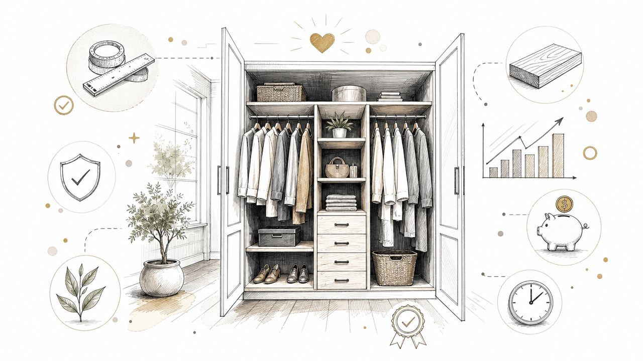 En detaljeret illustration af et elegant garderobeskab med tøj, opbevaringsløsninger og dekorative elementer i en moderne indretning.