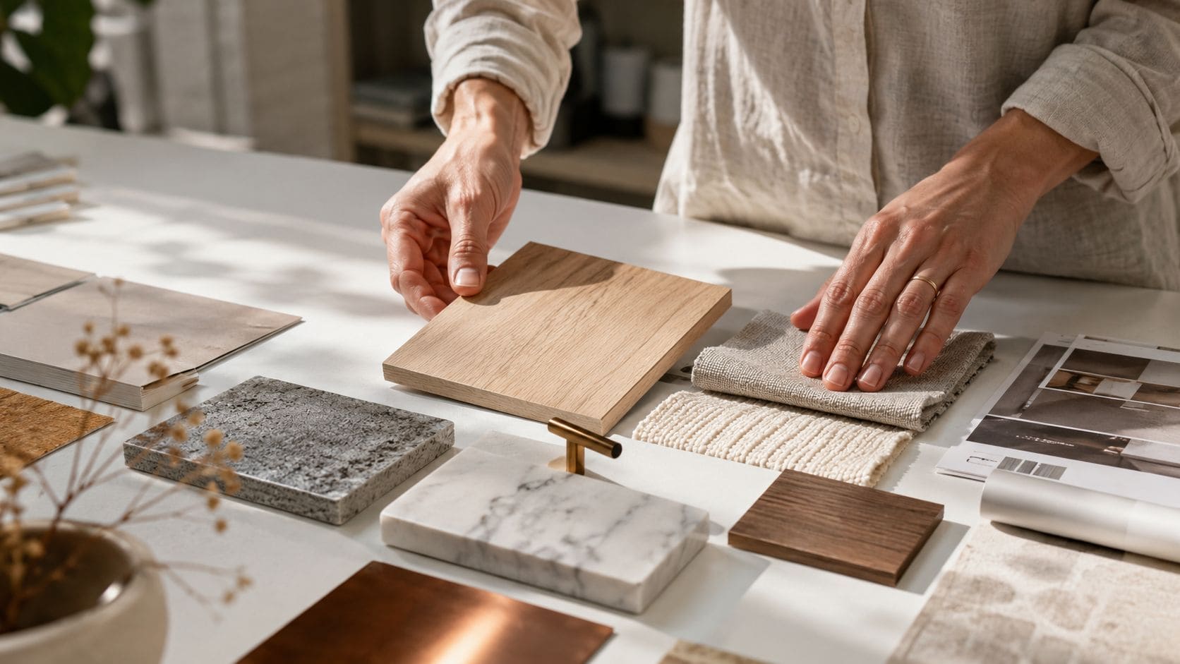 En indretningsarkitekt arbejder med materiale- og stofprøver på et lyst bord for at skabe et nyt design.