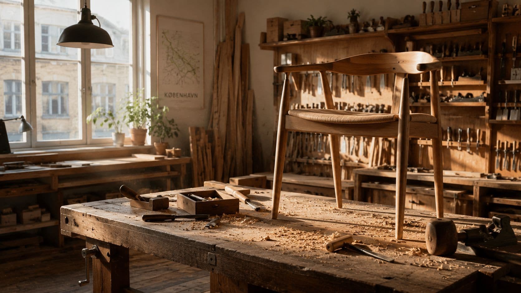 En elegant træstol placeret på et arbejdsbord i et klassisk dansk møbelsnedkeri med værktøj i baggrunden.