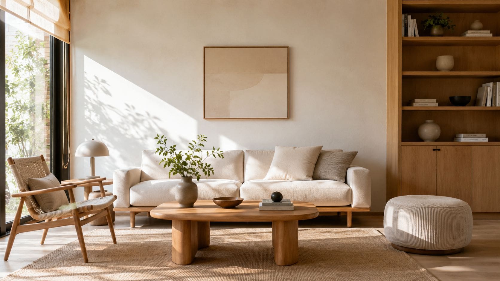 En hyggelig stue indrettet med en beige sofa, et træbord og naturlige teksturer i en lys stil.