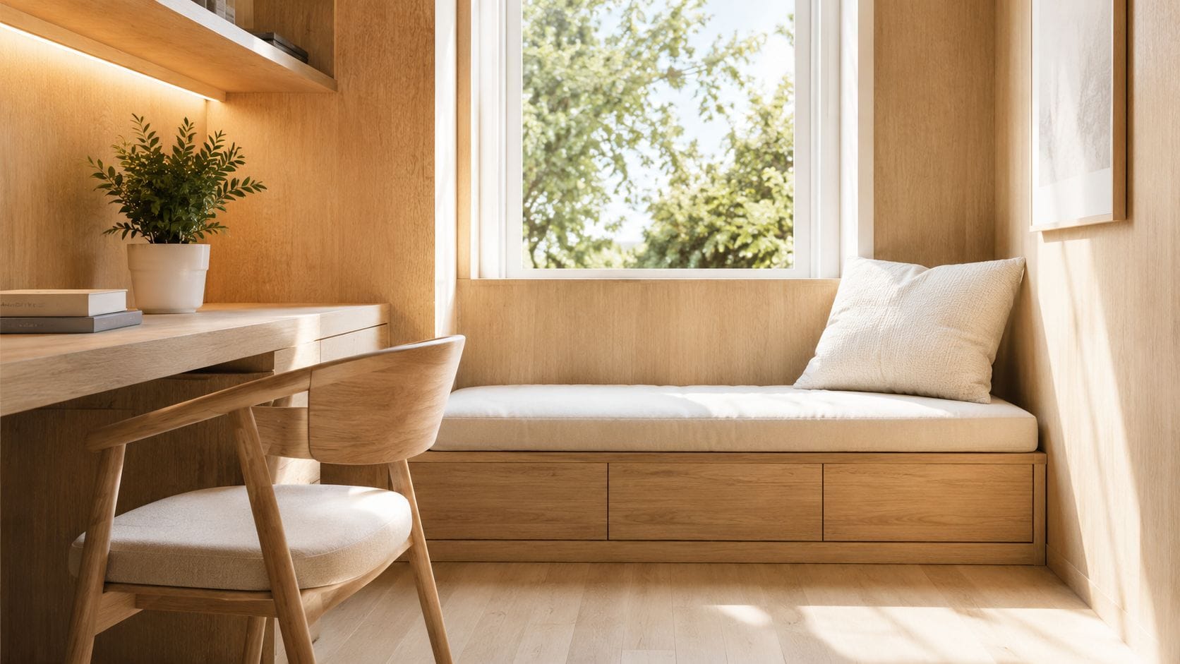 Et lyst og minimalistisk læsehjørne med træmøbler, en behagelig bænk og et skrivebord ved et vindue.