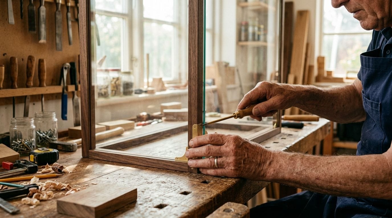 En ældre mandlig snedker arbejder fokuseret på at samle et flot glasskab til væg på sit værksted.