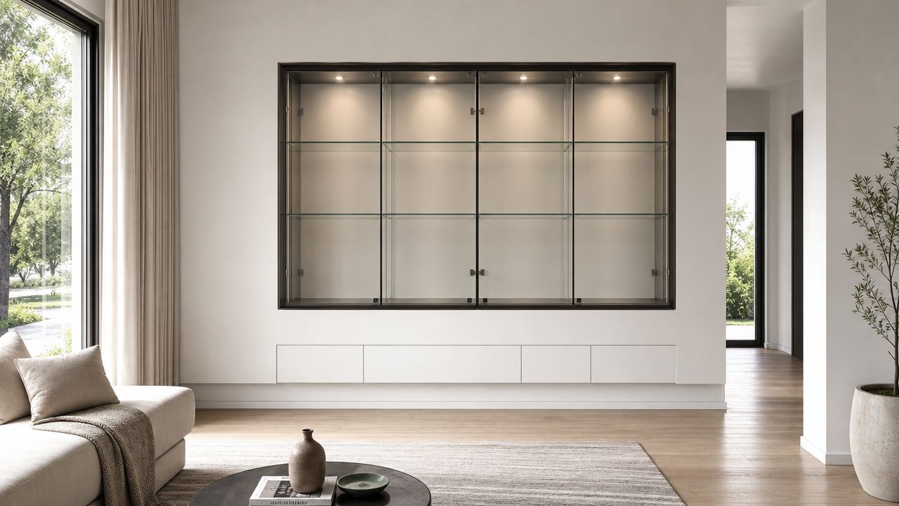 Et moderne indbygget glasskab med belysning og hvide skuffer i en lys og minimalistisk stue med sofa.