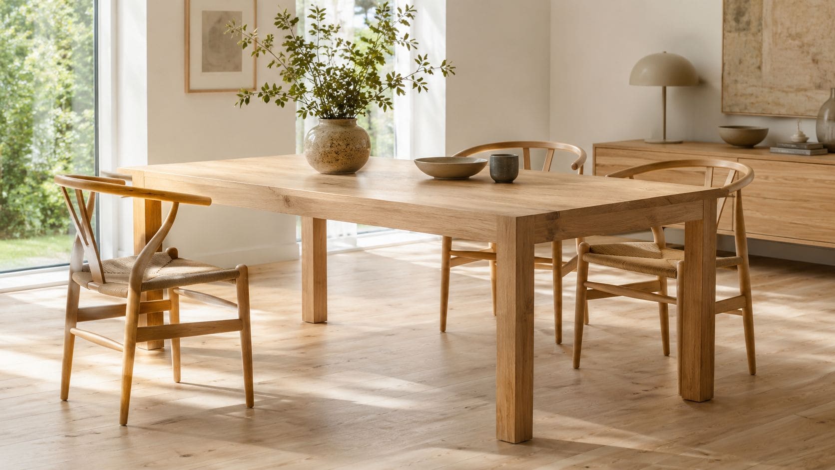 Et moderne spisebord i lyst træ med tre matchende stole i et lyst og luftigt rum.