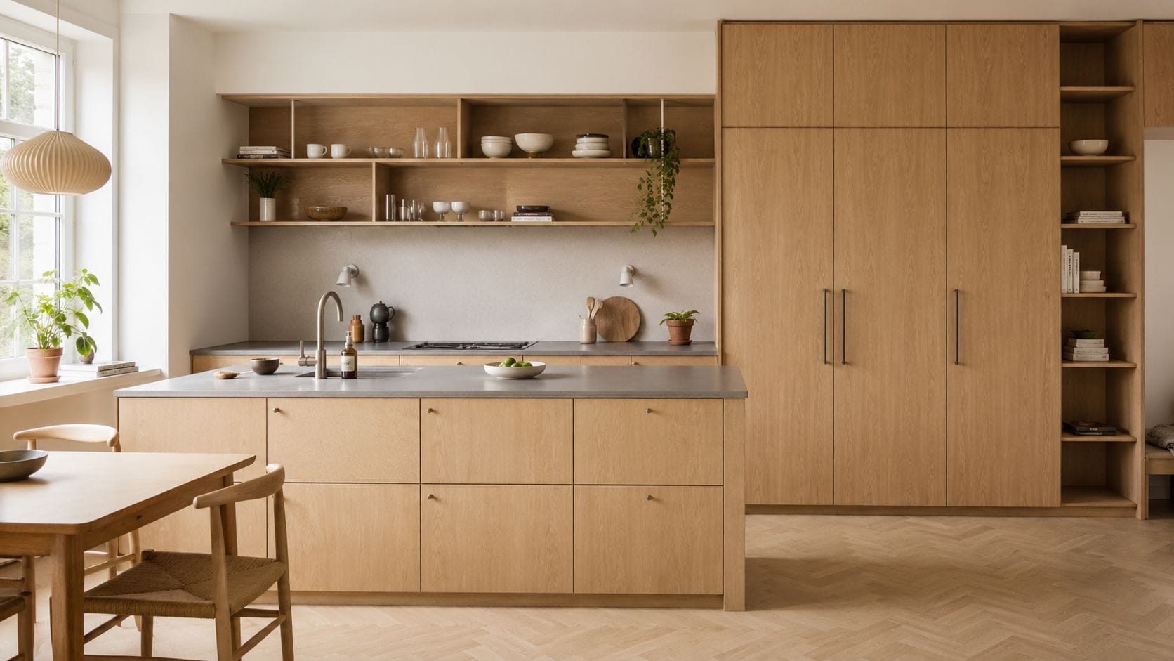 Moderne køkken i lyst træ med åbne hylder, køkkenø og minimalistisk indretning i et lyst skandinavisk hjem.