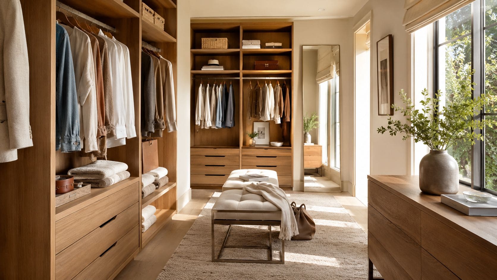 Et lyst og moderne walk-in closet med træhylder, tøjstativer og en komfortabel polstret bænk i midten.