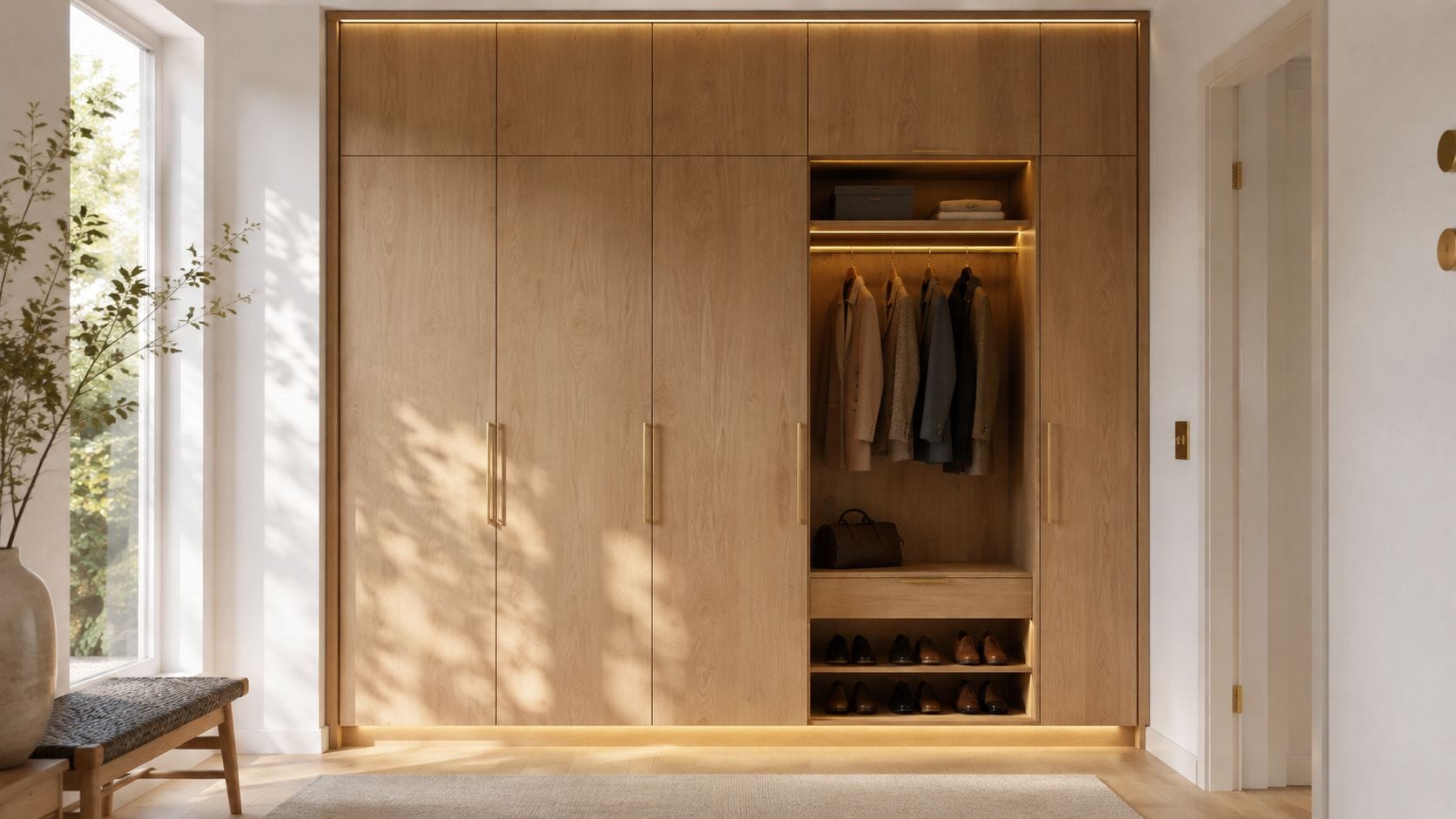 Elegant garderobe med skydelåger og indbygget opbevaring.