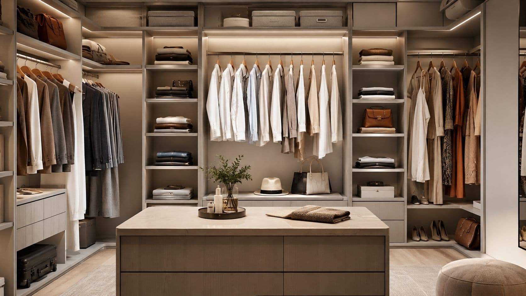 Et luksuriøst og organiseret walk-in-closet med tøj på bøjler, hylder og en central ø til opbevaring.