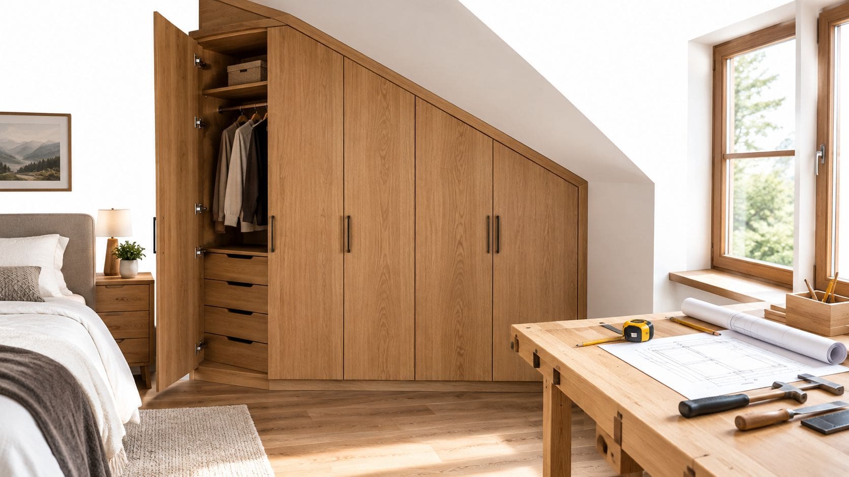 Snedkerarbejde med specialfremstillet garderobe i træ.