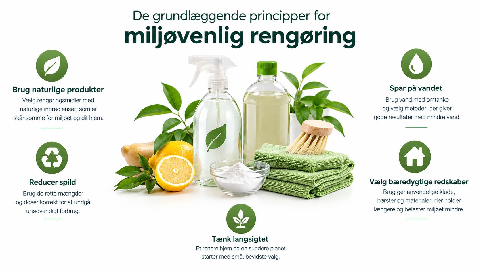 En infografik om miljøvenlig rengøring, der viser naturlige ingredienser, genanvendelige klude og bæredygtige rengøringsprincipper for et sundere hjem.