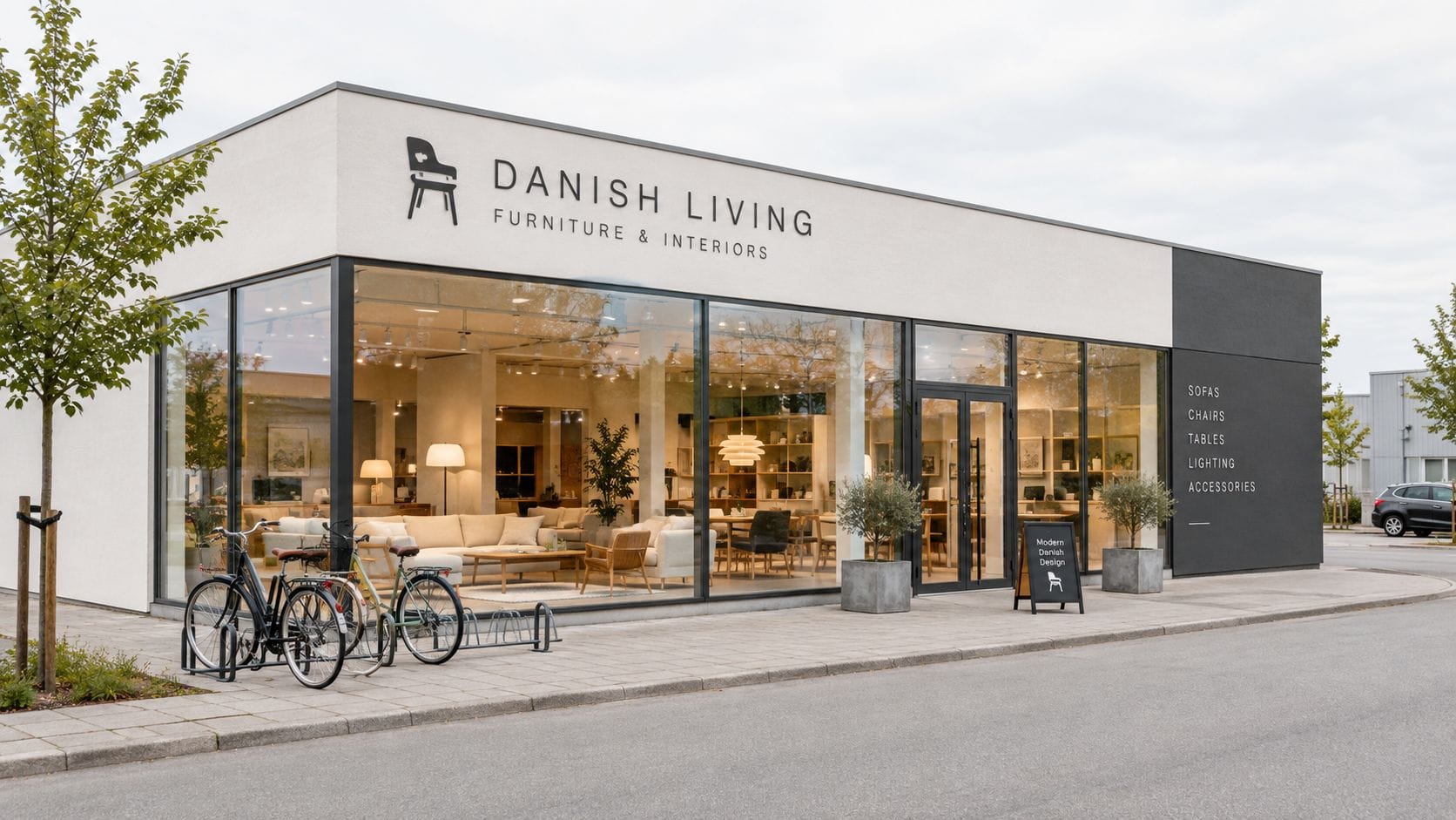 Moderne dansk møbelforretning med store vinduespartier og cykelparkering foran en indbydende butik facade i Ringsted.