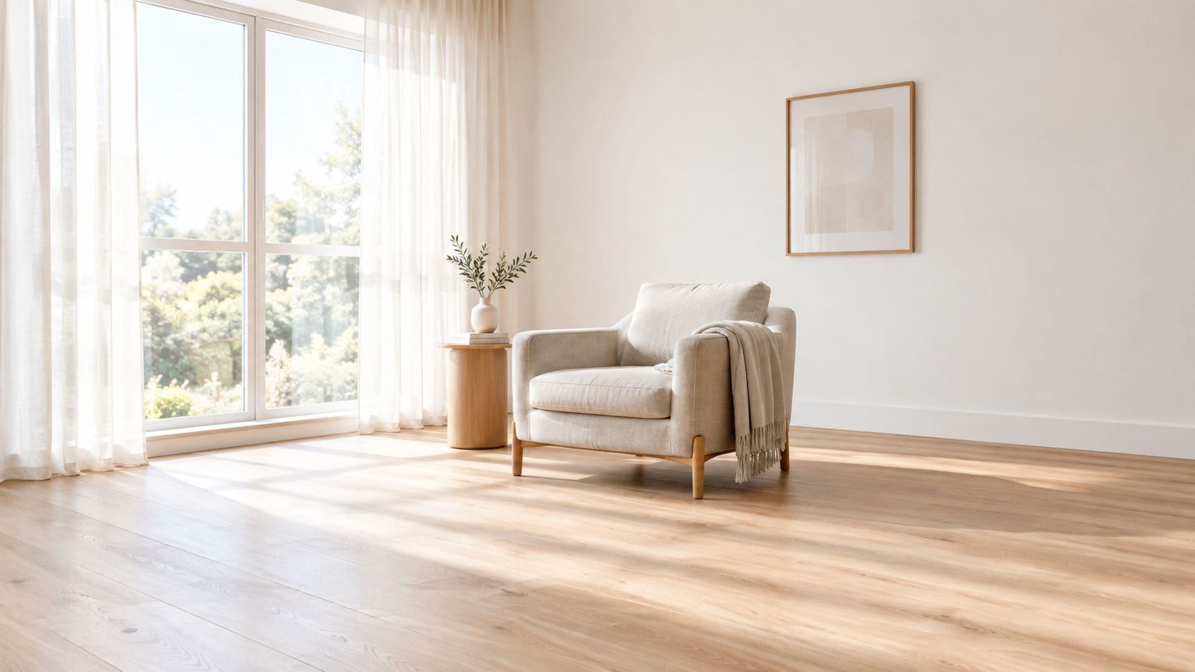En lys og minimalistisk stue med en behagelig lænestol, et lille sidebord og naturligt lysindfald fra vinduet.