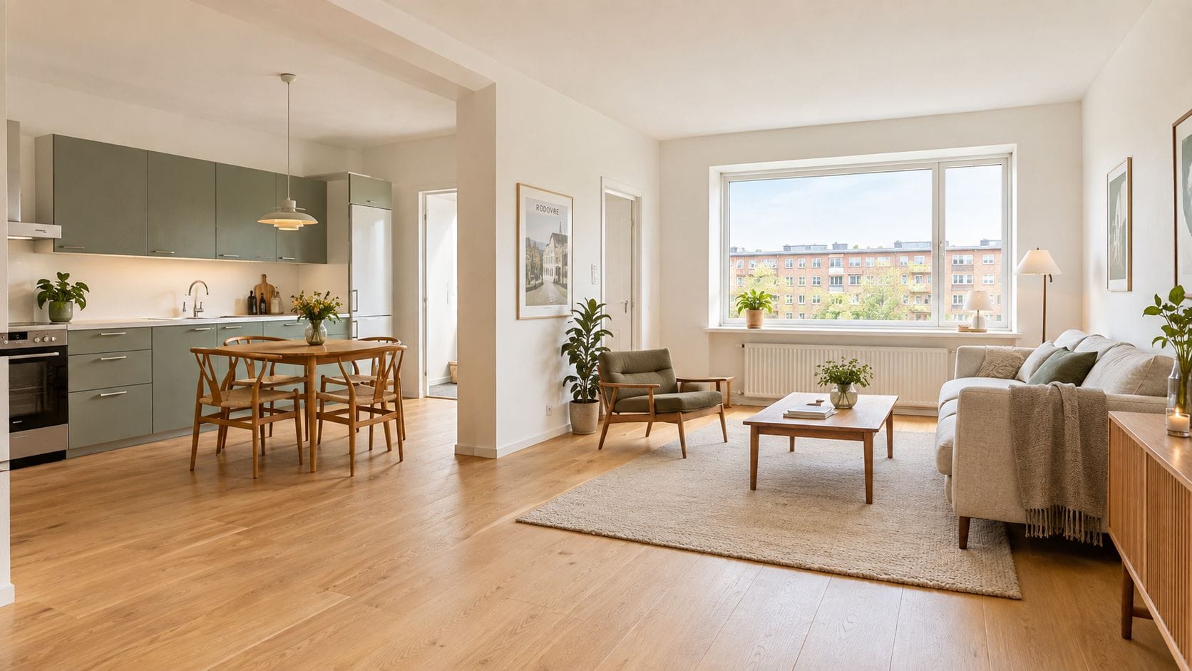 Moderne stue og køkken med åben planløsning, lyst trægulv, grønne køkkenelementer og en hyggelig sofa i Rødovre.