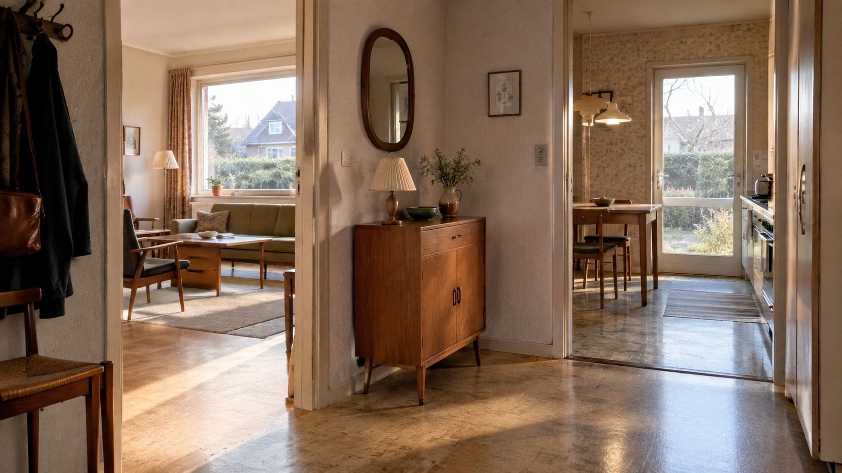En lys og indbydende stue og spisestue i et klassisk dansk parcelhus med mid-century møbler.