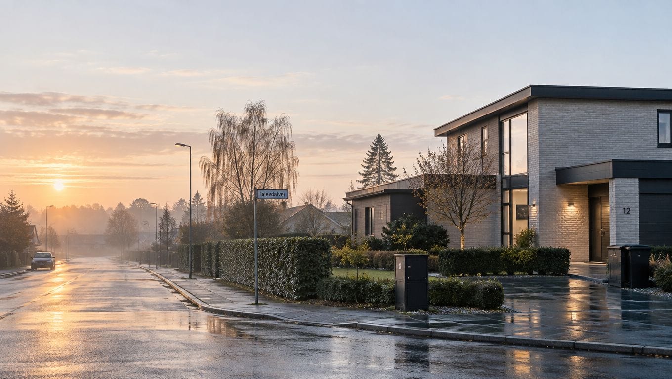 Moderne murstenshus i Rødovre ved solopgang med våd vej og grønne hække i forgrunden.