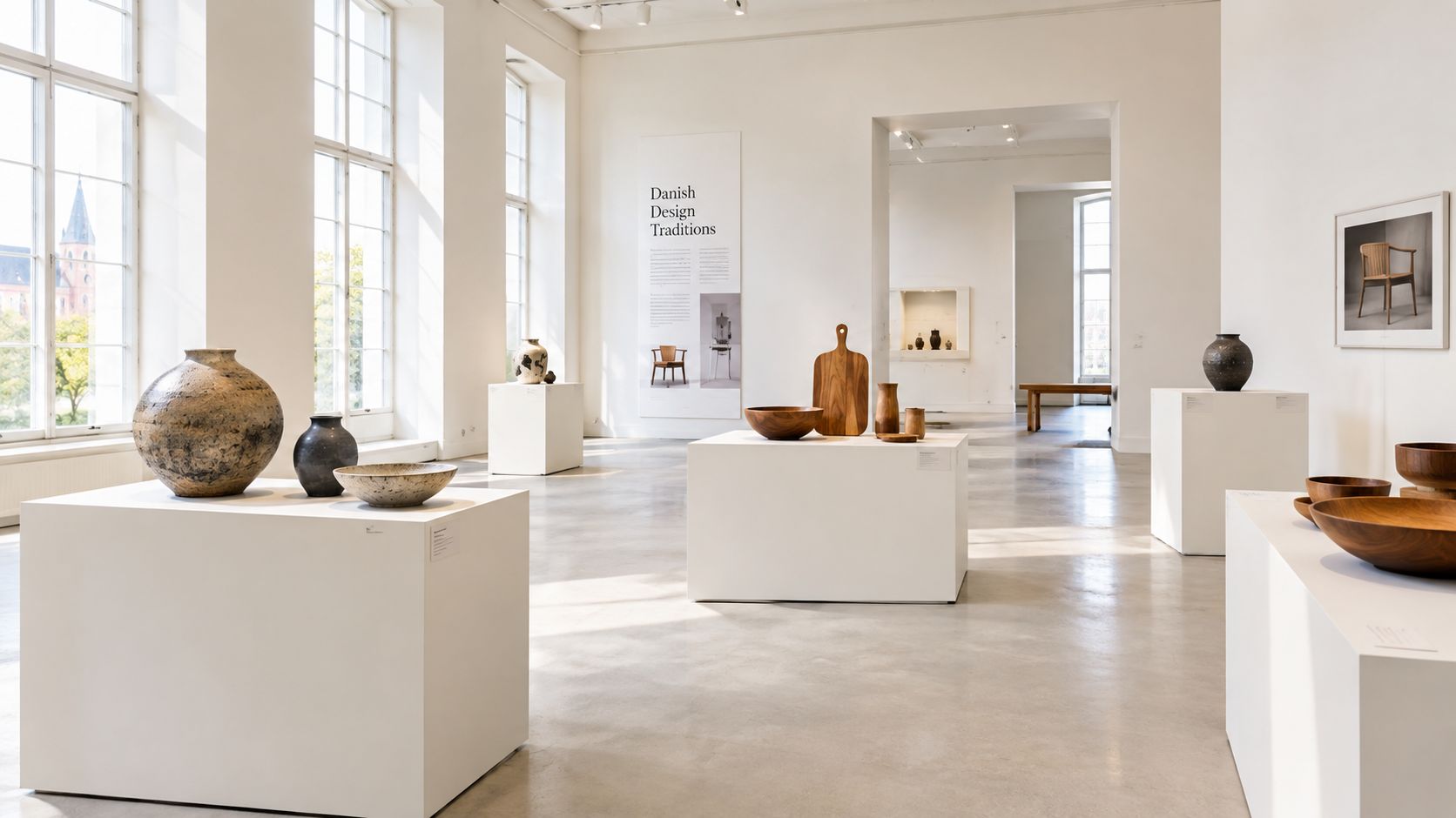 En lys og moderne udstilling af dansk design, træskåle og keramik i et rummeligt galleri i København.