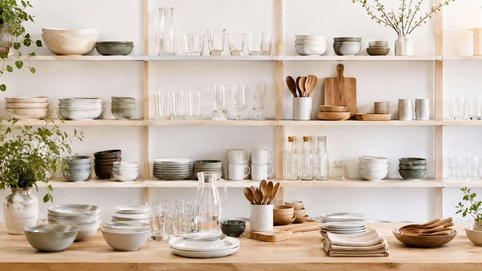 Åbne træhylder i et lyst køkken fyldt med keramisk service, glas, træredskaber og grønne planter.