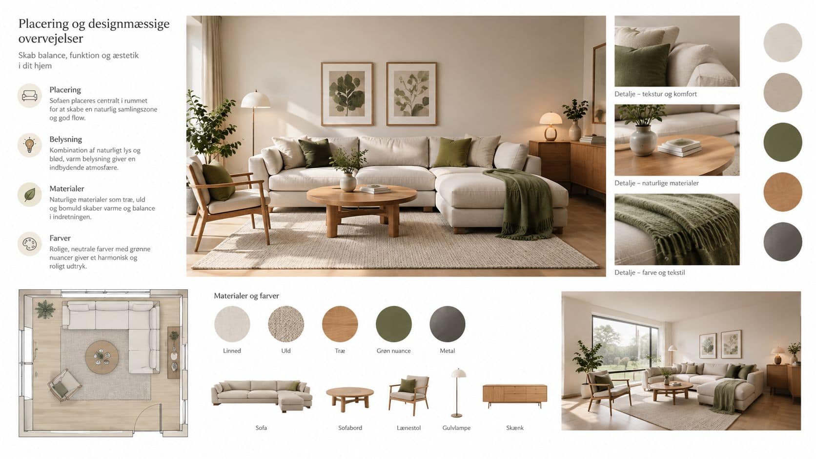 En stueindretning med en beige sofa, træbord og grønne detaljer, der skaber en harmonisk og rolig atmosfære.